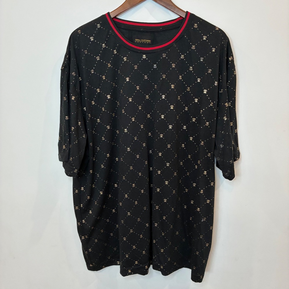 Drill Clothing Company Mens 4XL Black Gold Foil Bee Diamond Print Tee Red Trim